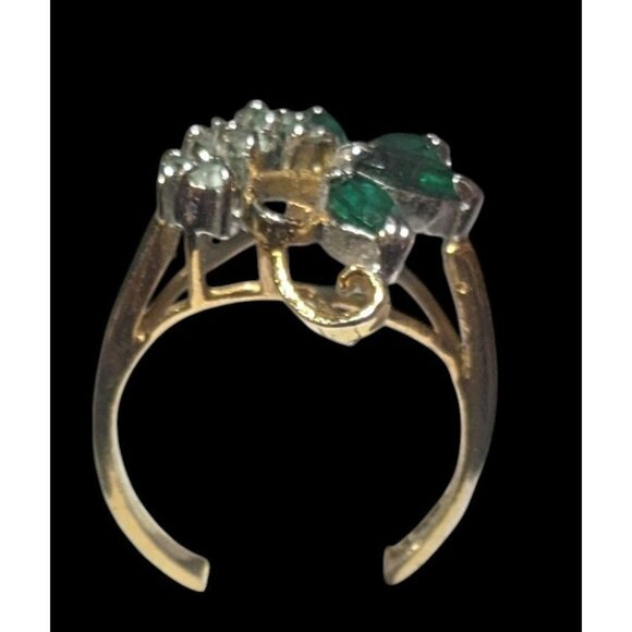 Vintage Faux Emerald And Diamond 14kt Gold Plated Floral Ring Size 5 3/4 - Picture 11 of 14